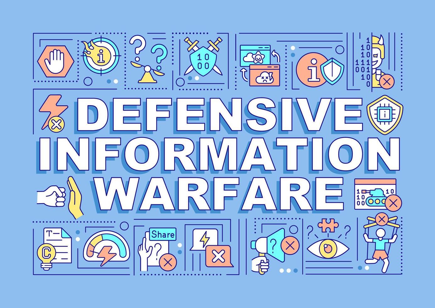 concepts de mots de guerre de l'information défensive bannière bleue. sécurité du renseignement. infographie avec des icônes sur fond de couleur. typographie isolée. illustration vectorielle avec texte. vecteur