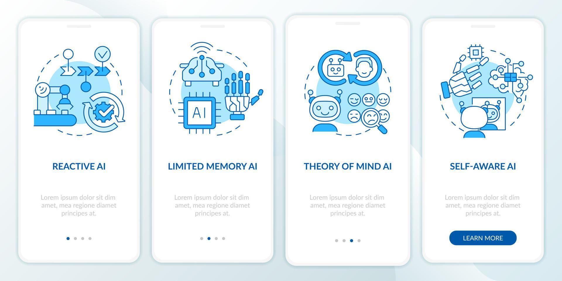 types d'écran d'application mobile d'intégration bleu d'intelligence artificielle. pages d'instructions graphiques en 4 étapes avec des concepts linéaires. ui, ux, modèle d'interface graphique. vecteur