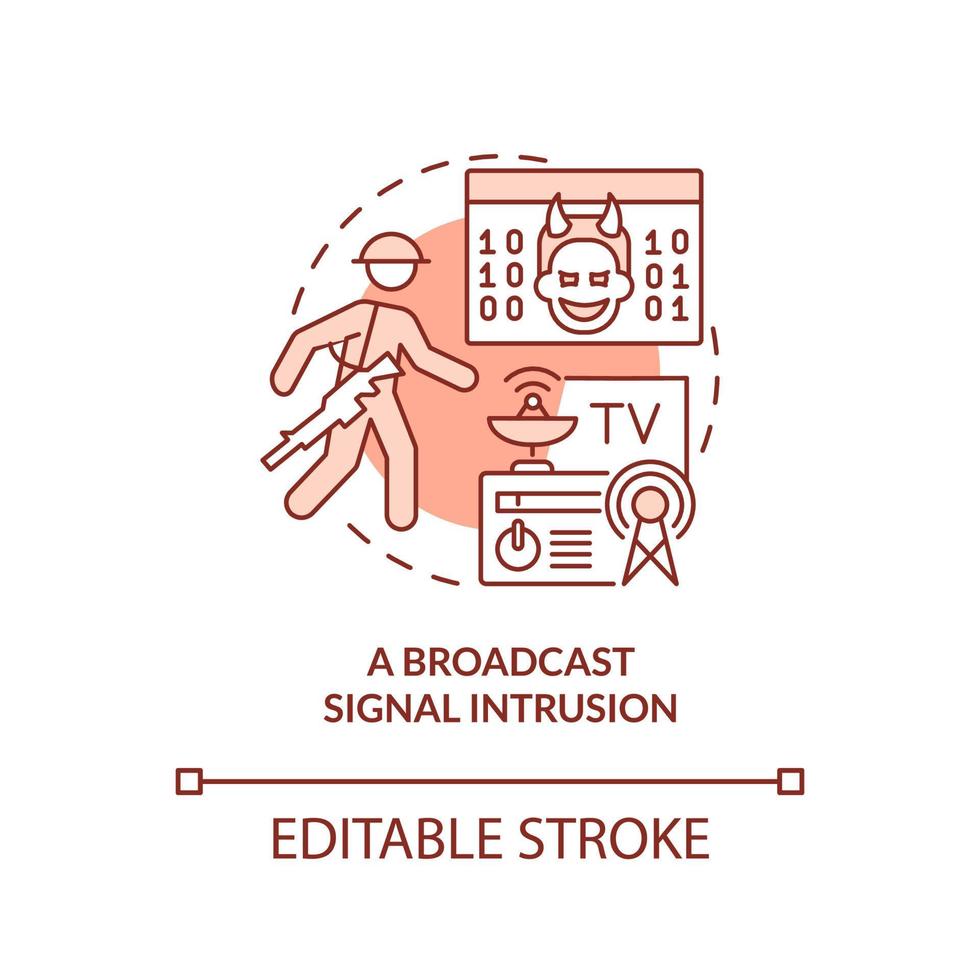 icône de concept rouge d'intrusion de signal de diffusion. forme d'illustration de ligne mince d'idée abstraite de guerre de l'information. dessin de contour isolé. trait modifiable. vecteur