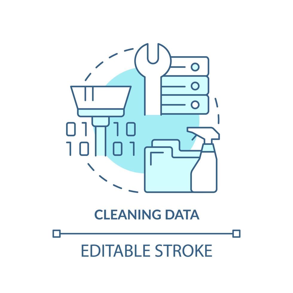 icône de concept turquoise de données de nettoyage. étape de résolution de problèmes dans l'illustration de la ligne mince de l'idée abstraite de l'apprentissage automatique. dessin de contour isolé. trait modifiable. vecteur