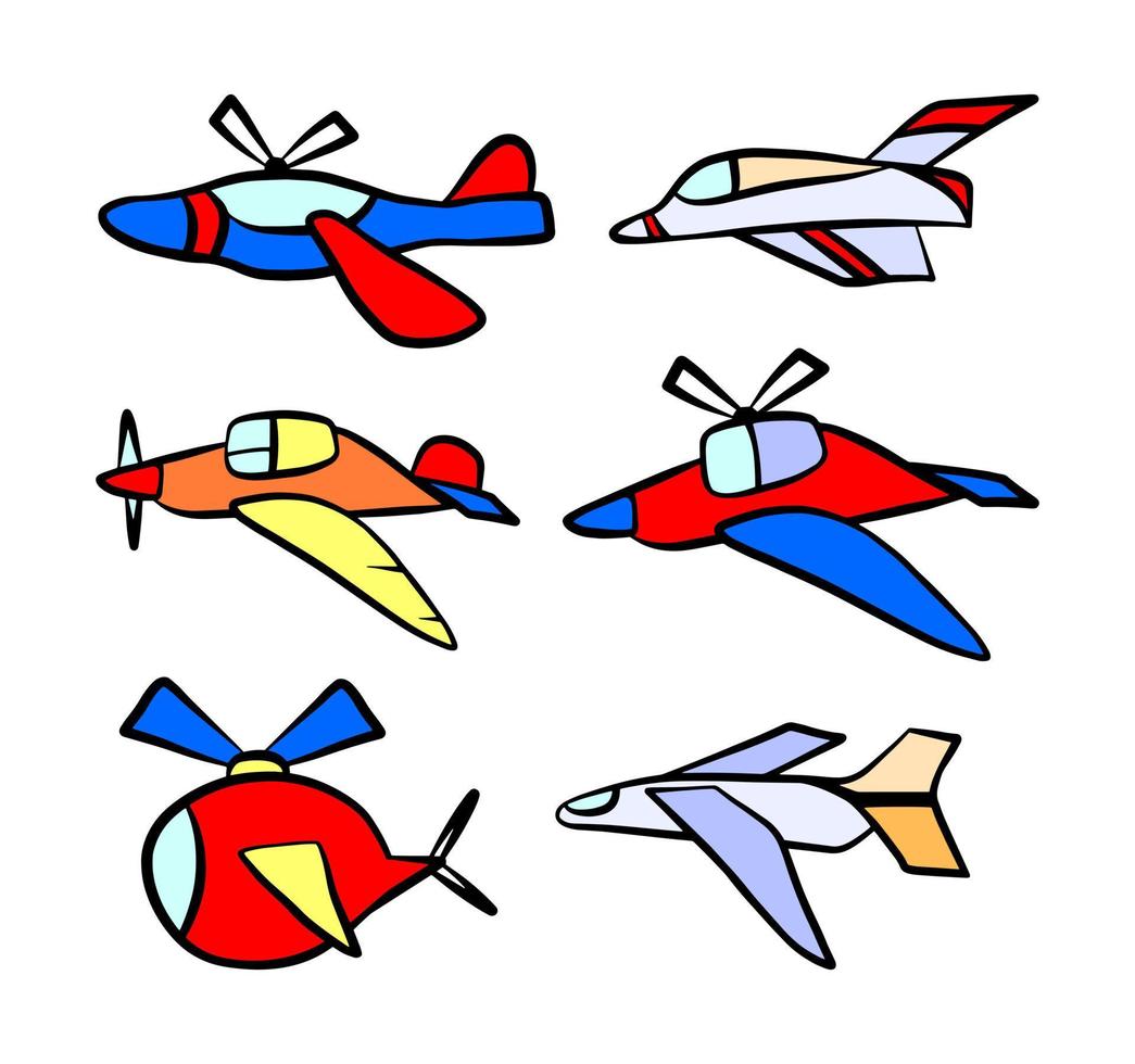 ensemble d'avions, icônes colorées dessinées à la main. avion en style doodle isolé sur fond blanc. dessin graphique simple, décor de pépinière pour enfants. vecteur