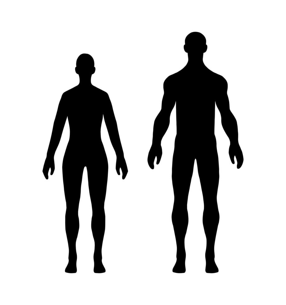 forme d'ombre de corps humain pleine hauteur isolée sur fond blanc. jeu d'icônes de silhouette plate femme et homme. illustration vectorielle plane simple. vecteur