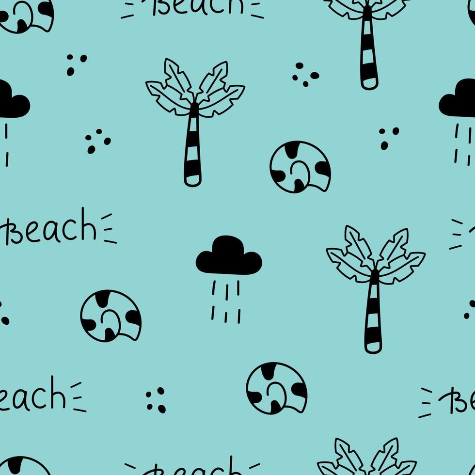 imprimé bleu d'été sans couture. motif de doodle vectoriel avec palmier, plage, coquillage. fond de griffonnage.