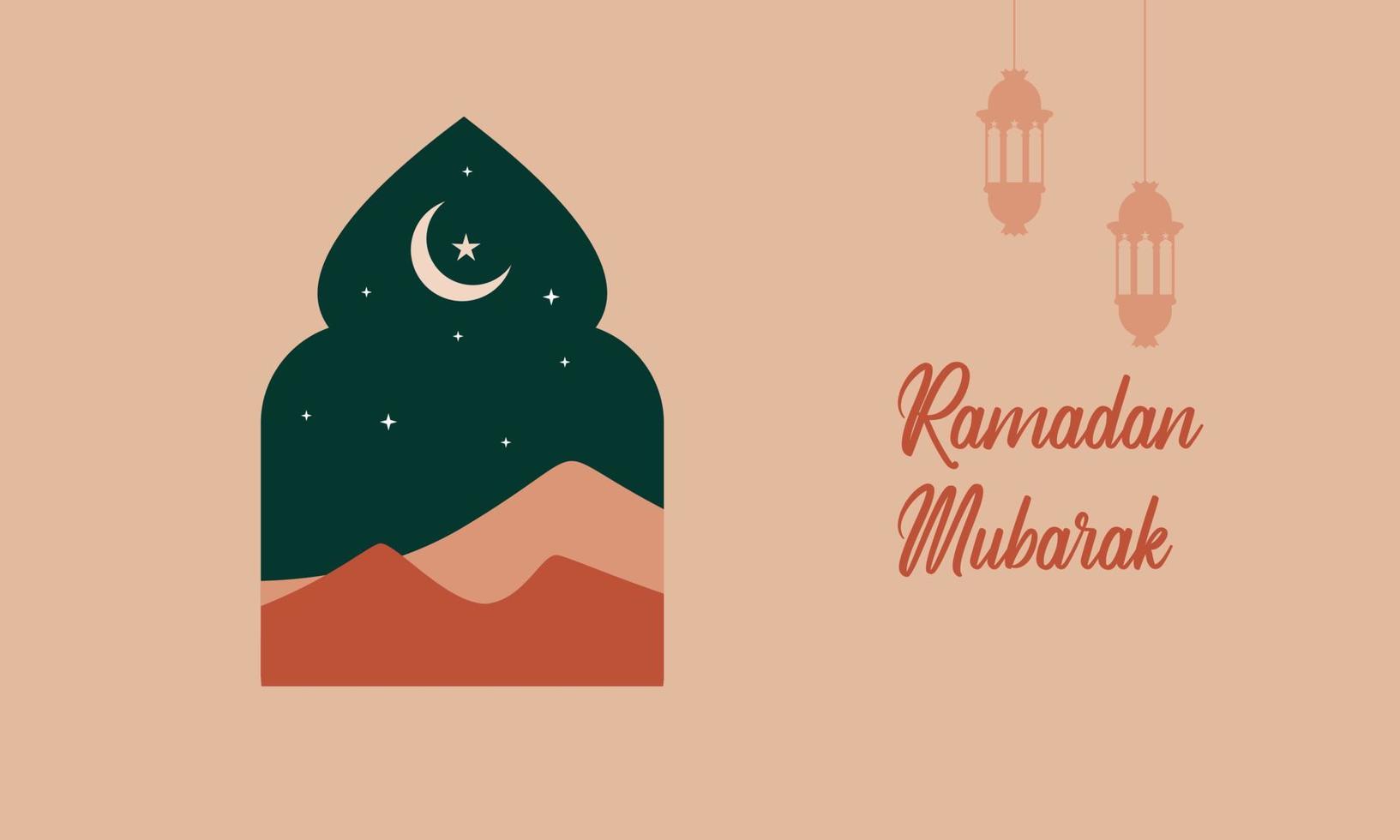 cartes de voeux ramadan mubarak de style moderne avec design bohème rétro, lune, dôme de mosquée et lanternes vecteur