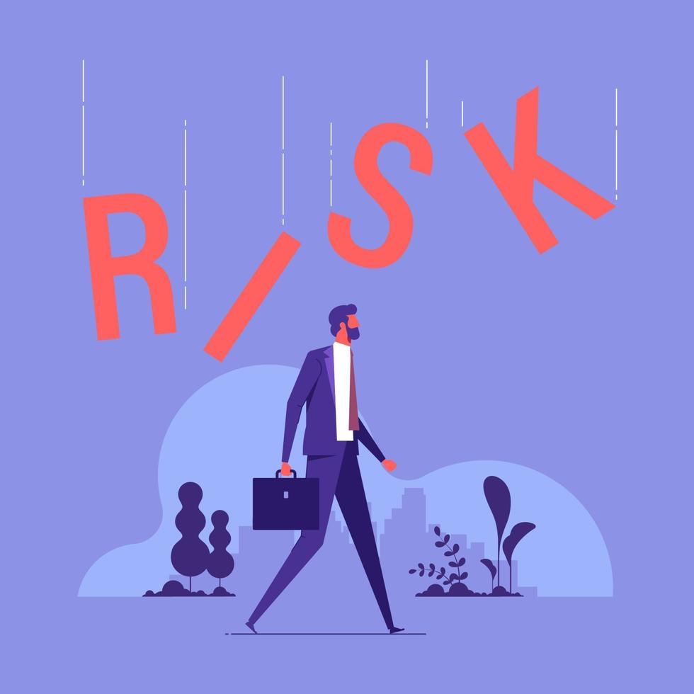 illustration vectorielle d'un homme d'affaires en danger par le mot de risque lui tombe dessus, risque commercial ou concept d'erreur ou d'échec vecteur