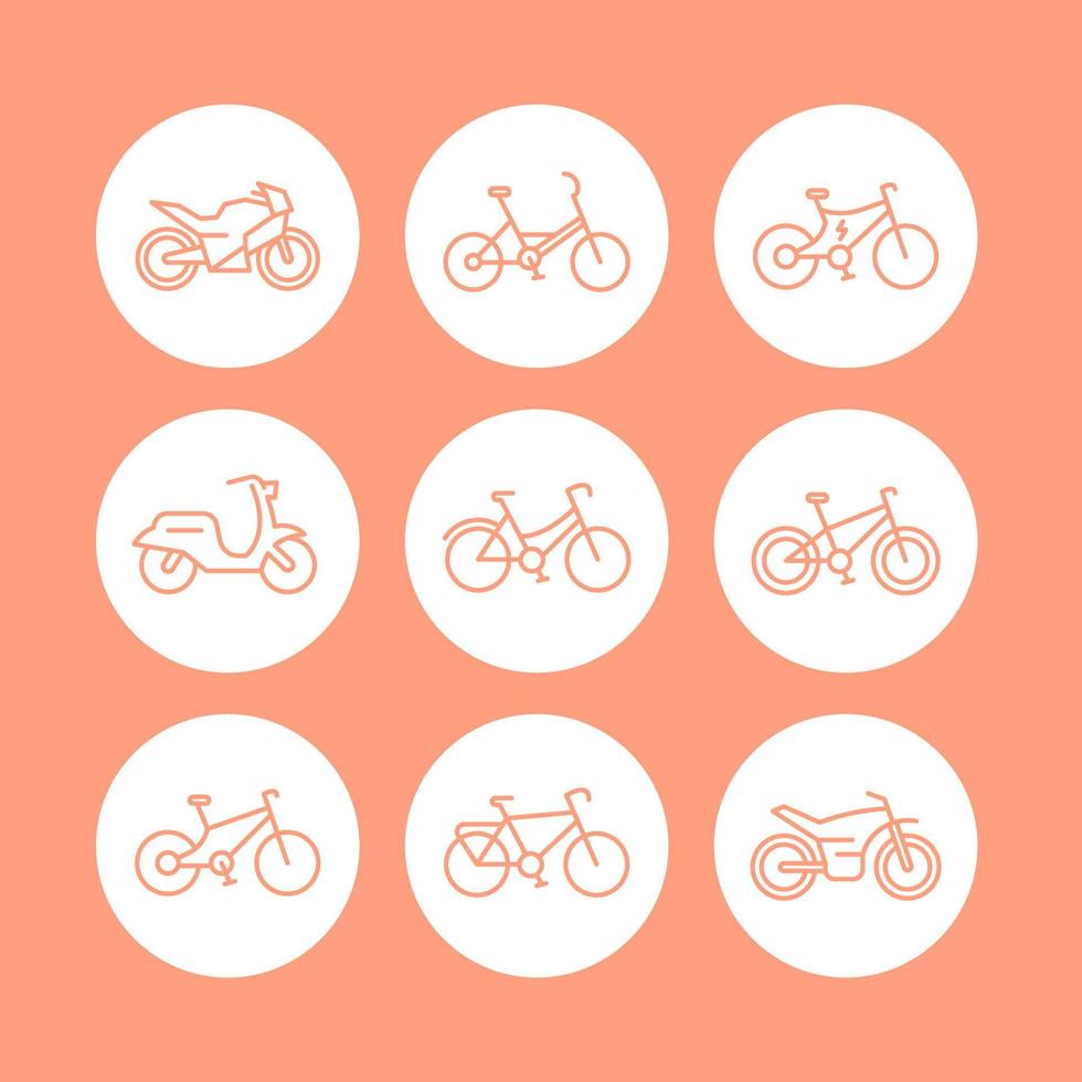 ensemble d'icônes de ligne de vélos, icône de vélo, vélo, cyclisme, moto, moto, gros vélo, scooter, vélo électrique, illustration vectorielle vecteur