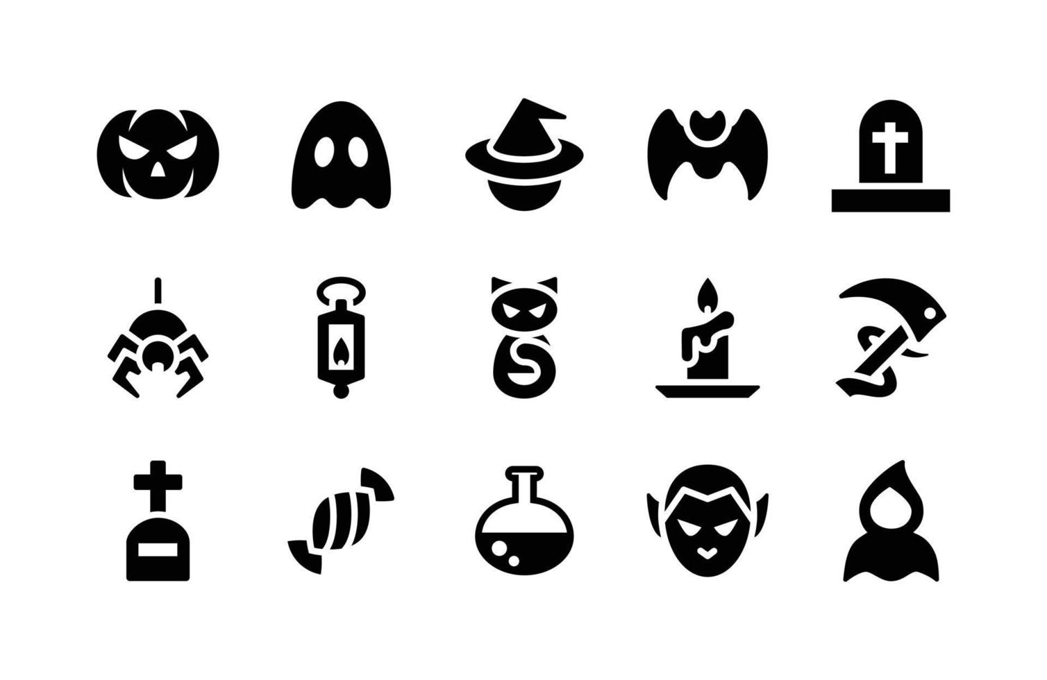 icônes de glyphe d'halloween comprenant la citrouille, le fantôme, le chapeau, la chauve-souris, la tombe, l'araignée, la lampe, le chat, la bougie, la faucille, la tombe, les bonbons, la potion, le vampire, le fantôme vecteur