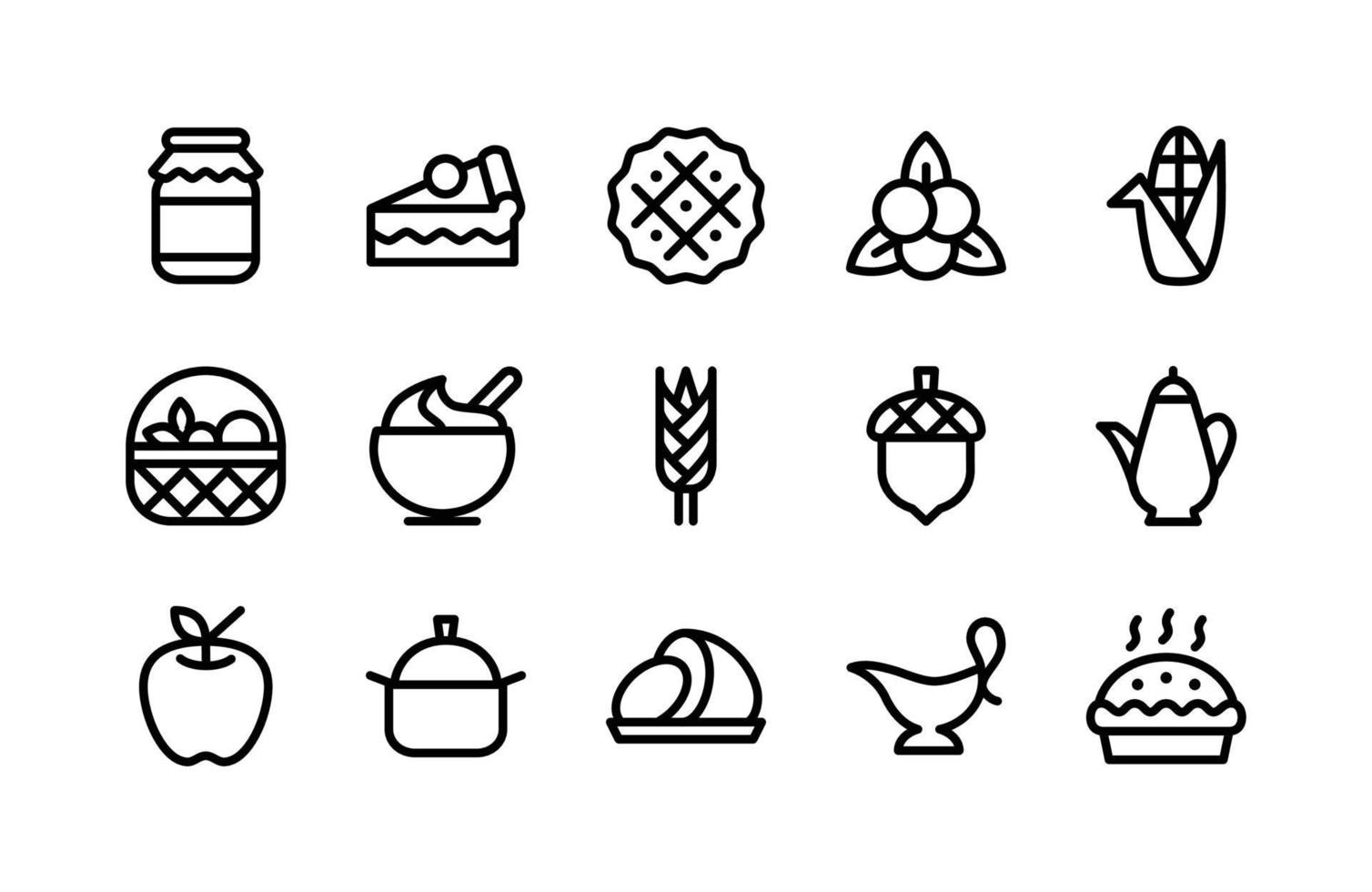 icônes de ligne d'action de grâces, y compris confiture, tarte, tarte, canneberge, maïs, osier, bouillie, blé, gland, théière, pomme, pot, jambon, saucière, tarte vecteur