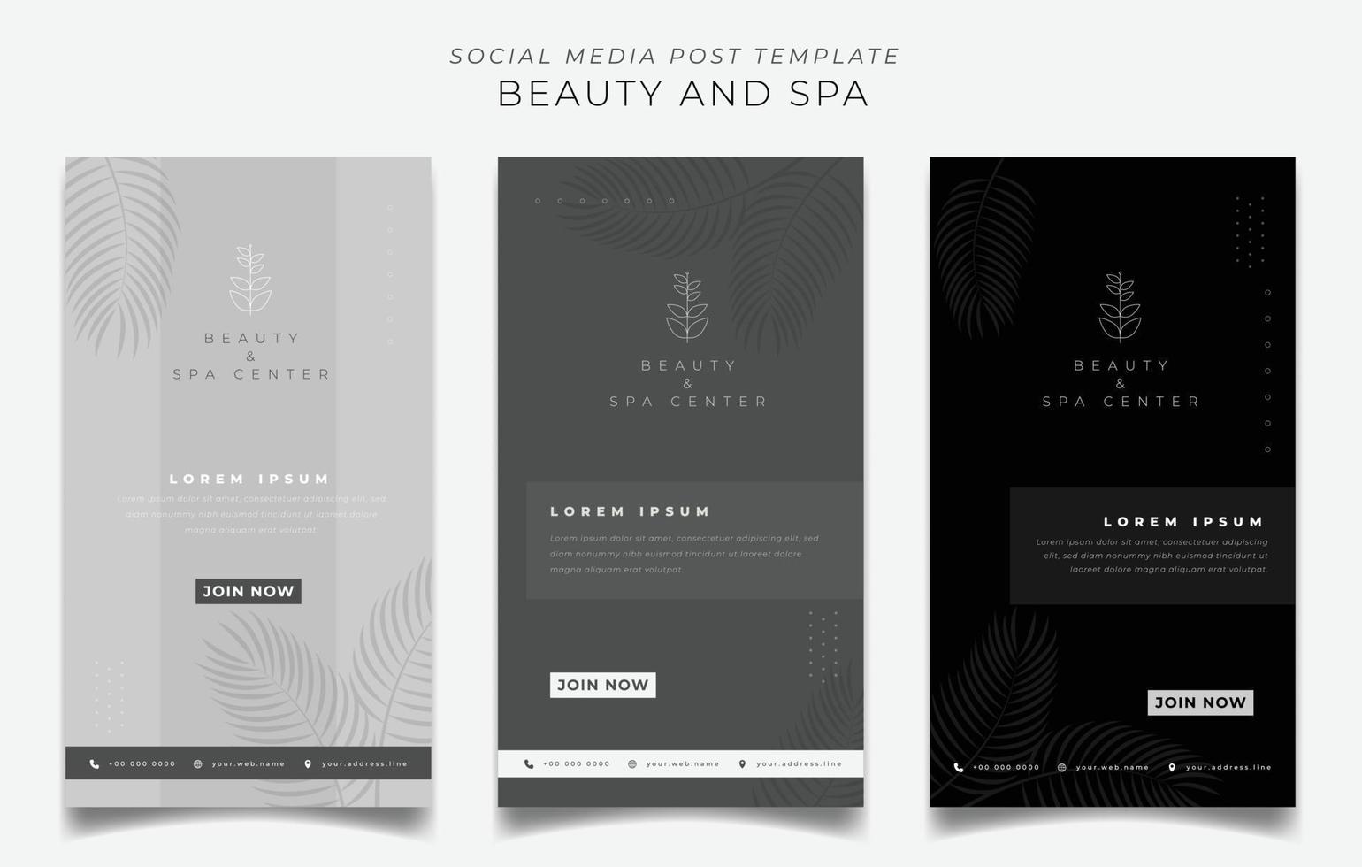 ensemble de modèles de publication sur les médias sociaux sur fond blanc noir pour la conception de publicités de spa ou de détente vecteur