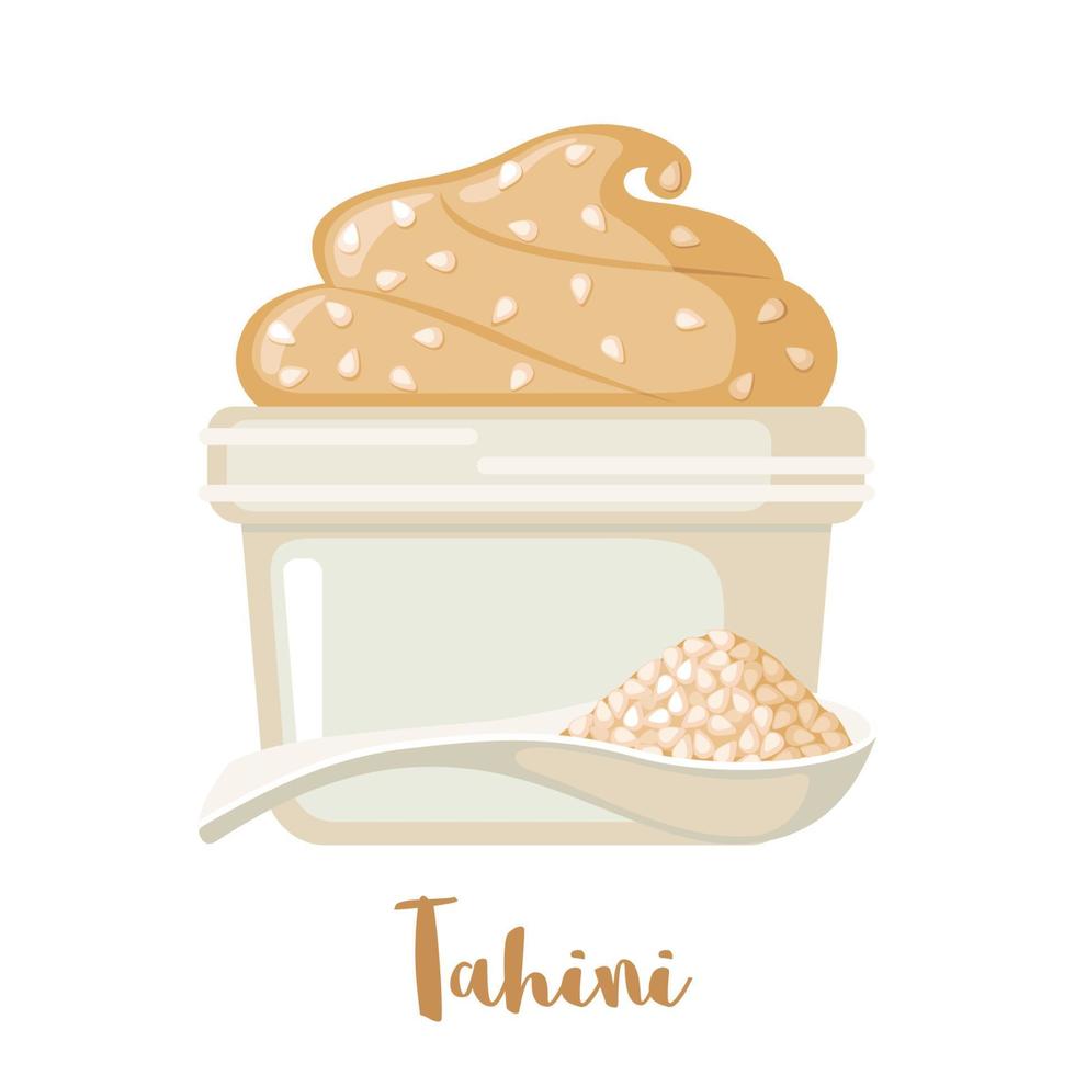 icône de pâte de graines de sésame tahini dans un style plat isolé sur fond blanc. cuisine traditionnelle en palestine. sauce tahini et cuillère avec sésame. illustration vectorielle. vecteur