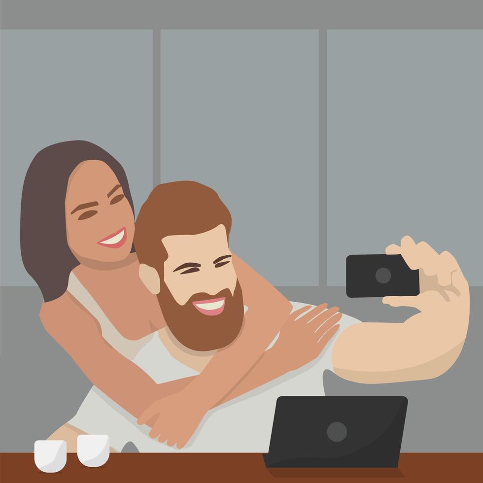 beau jeune couple faisant selfie à l'aide d'un smartphone. sourire ensemble. foule qui pose. homme ou femme de caractère heureux. illustration vectorielle vecteur