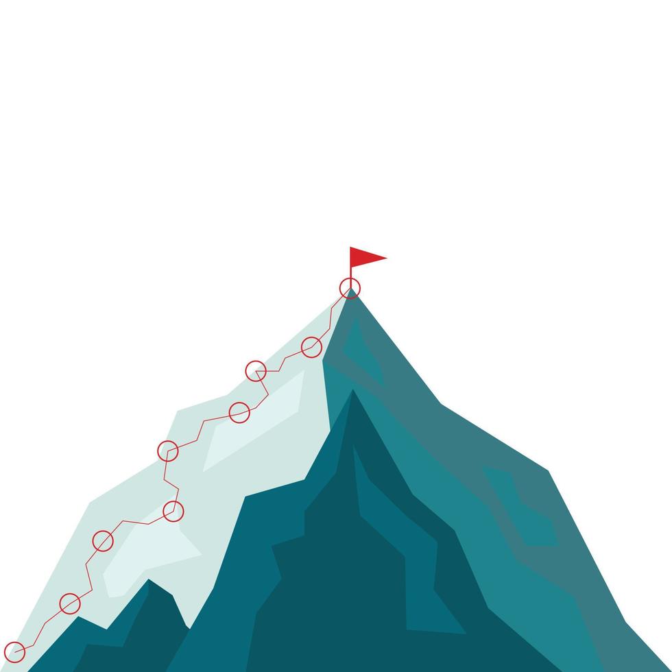 itinéraire d'escalade de montagne au sommet dans un style plat. chemin de voyage d'affaires en cours vers l'illustration vectorielle de succès. sommet de la montagne, voie d'escalade jusqu'à l'illustration de la roche supérieure vecteur