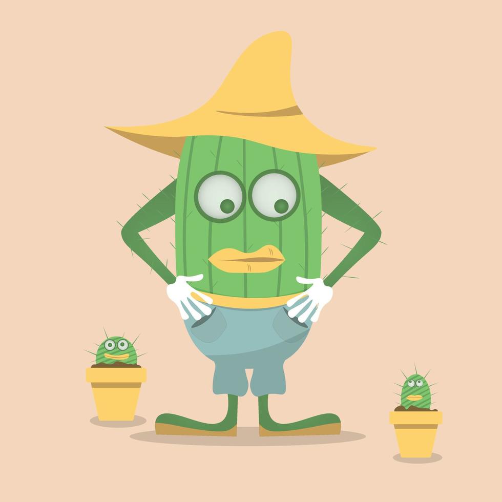 cactus fermier mignon ou personnage succulent avec des enfants dans des pots, illustration de dessin animé de vecteur dans un style plat avec ombre