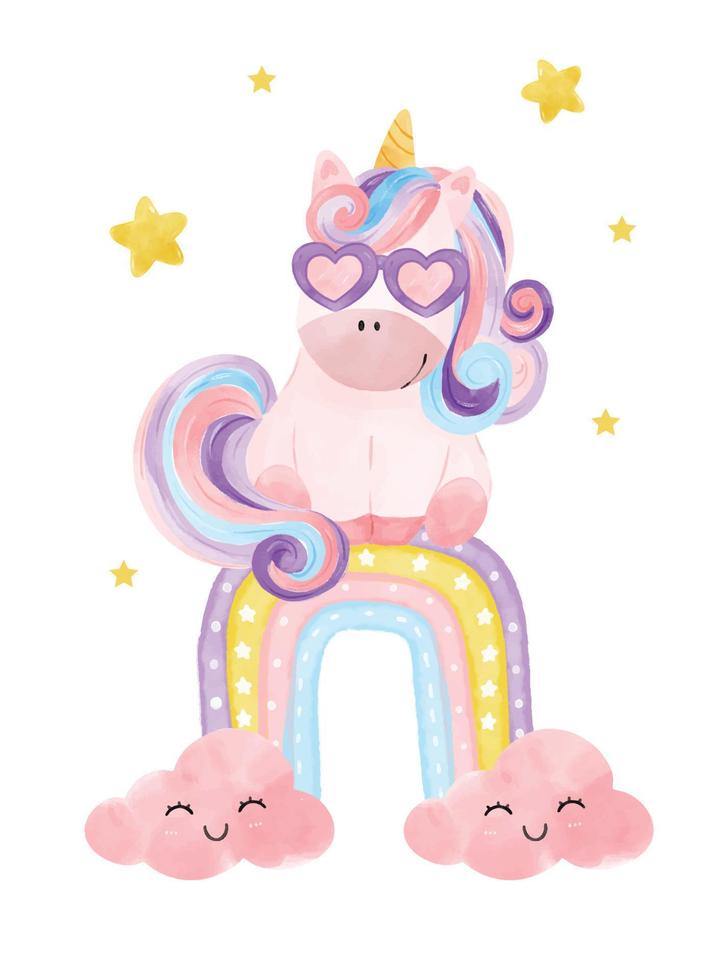 Licorne bébé violet magique aquarelle mignonne avec des lunettes de coeur assis sur l'arc-en-ciel, illustration vectorielle de dessin animé doodle, style pépinière vecteur