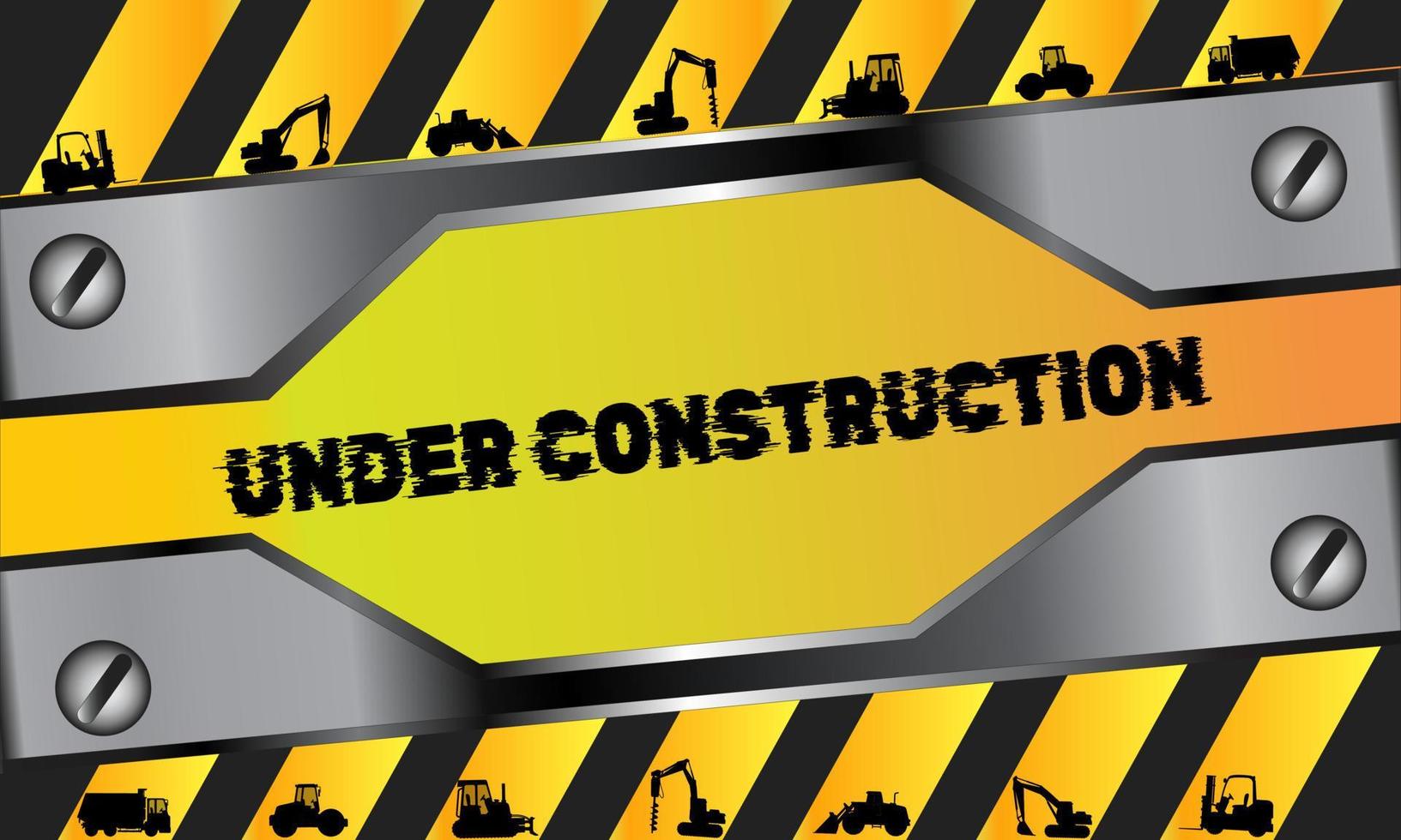 arrière-plan d'avertissement avec illustration de texture métallique, camion, excavatrice et lignes noires jaunes. panneau d'avertissement pour les projets en construction vecteur