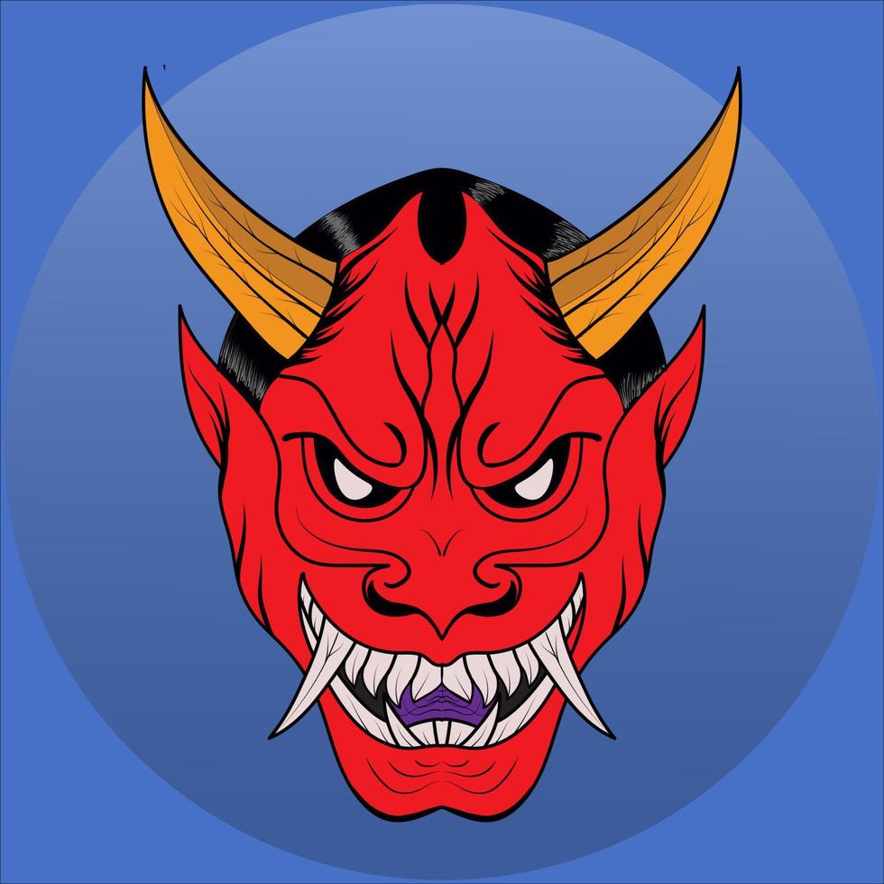 masque oni rouge avec illustration vectorielle fond bleu. hanya art d'asie le démon japonais traditionnel. conception pour t-shirt, autocollant ou affiche. vecteur