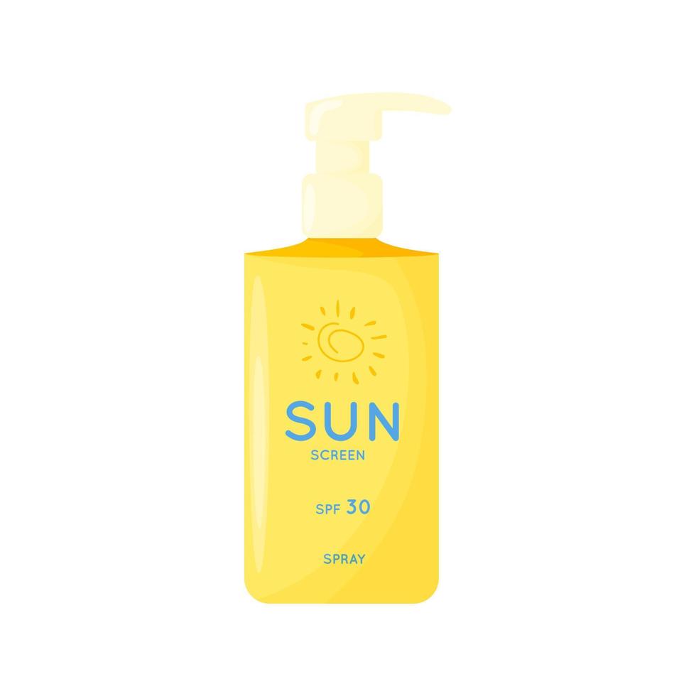 produit de soin de la peau. protection solaire, spray de protection uv. tube de produit de protection solaire avec spf. cosmétique d'été. illustration de vecteur plat isolé sur fond blanc.