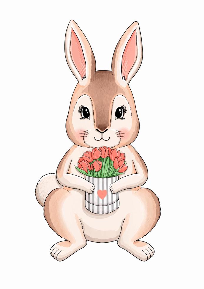 adorable petit lapin avec une boîte de fleurs vecteur