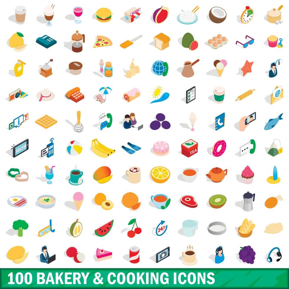 Ensemble de 100 icônes de cuisine de boulangerie, style 3d isométrique vecteur