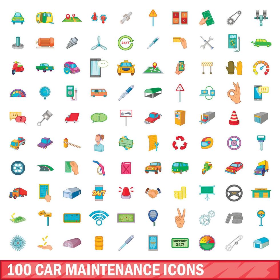 100 icônes d'entretien de voiture, style cartoon vecteur