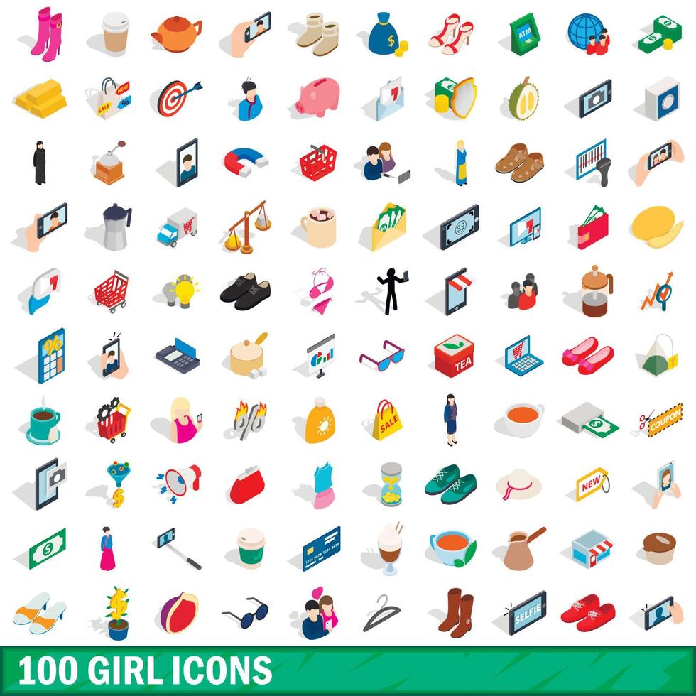 Jeu de 100 icônes de fille, style 3d isométrique vecteur