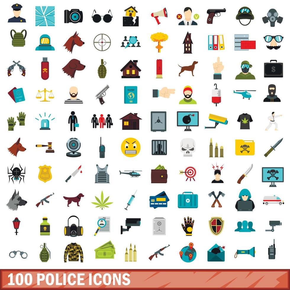 Ensemble de 100 icônes de police, style plat vecteur