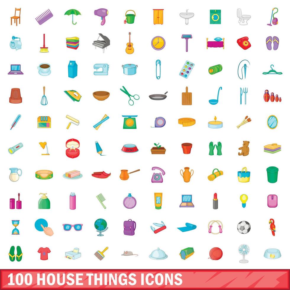 Ensemble d'icônes de 100 choses maison, style cartoon vecteur
