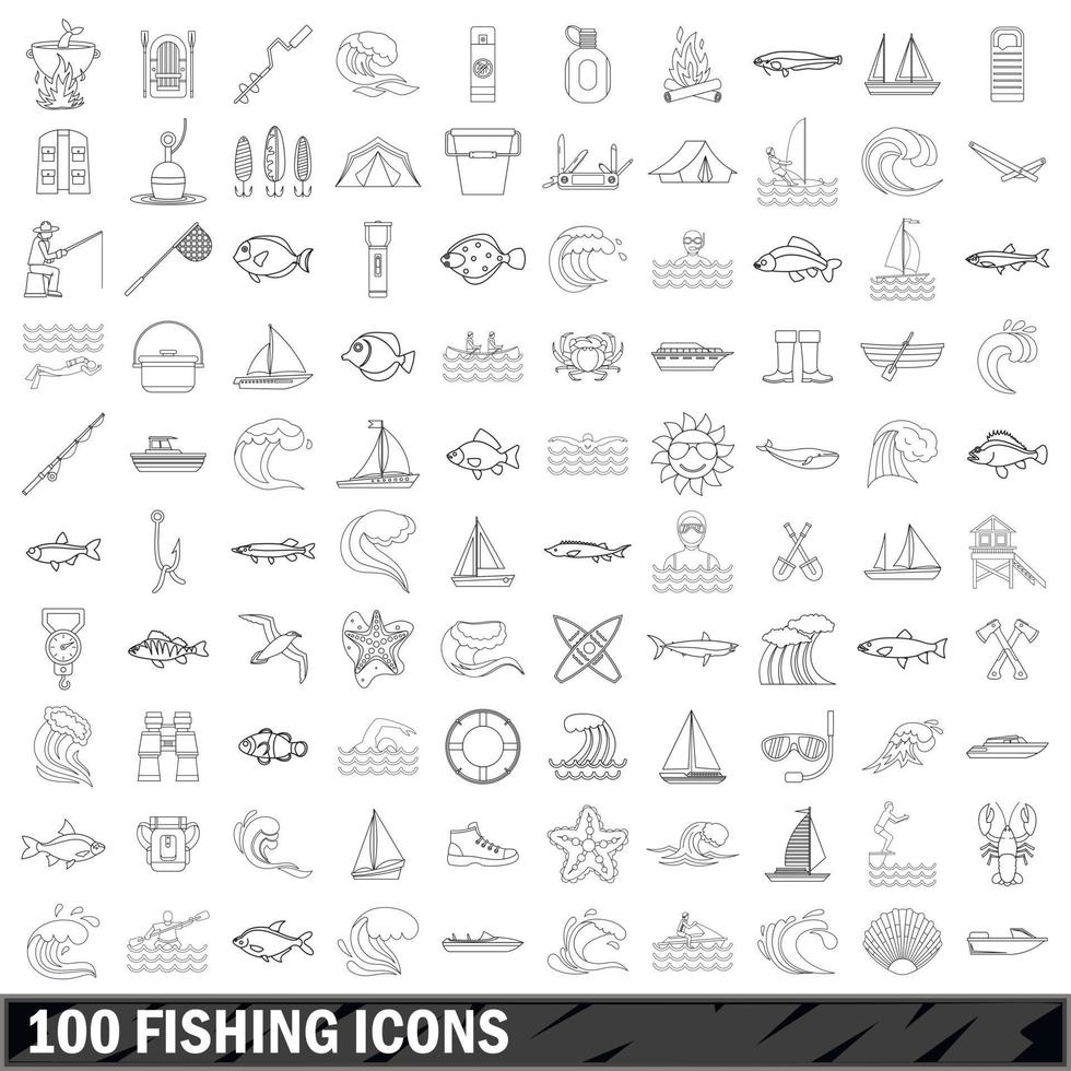 Ensemble de 100 icônes de pêche, style de contour vecteur