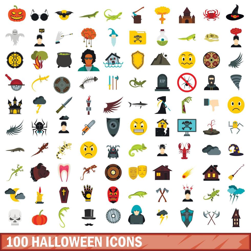 Ensemble de 100 icônes d'halloween, style plat vecteur