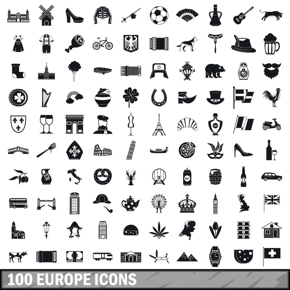Ensemble de 100 icônes europe, style simple vecteur