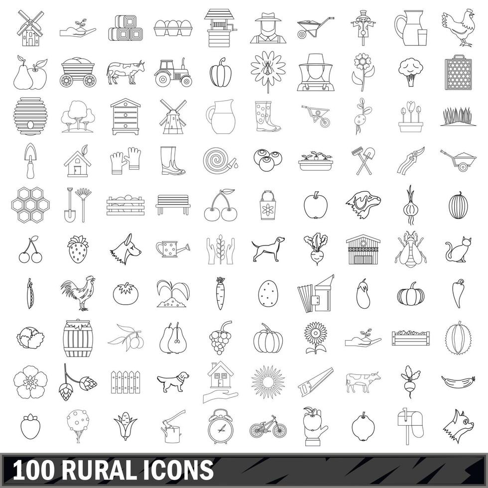 Ensemble de 100 icônes rurales, style de contour vecteur
