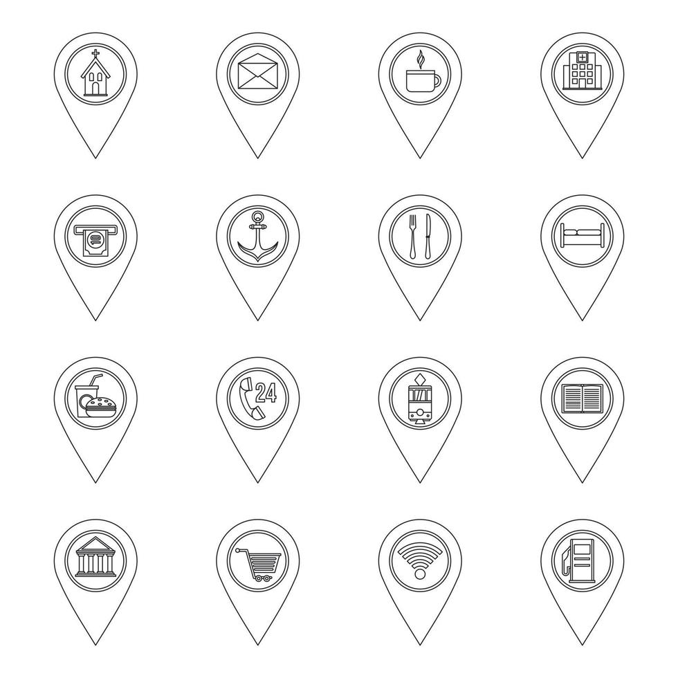 ensemble d'icônes de points d'intérêt, style de contour vecteur