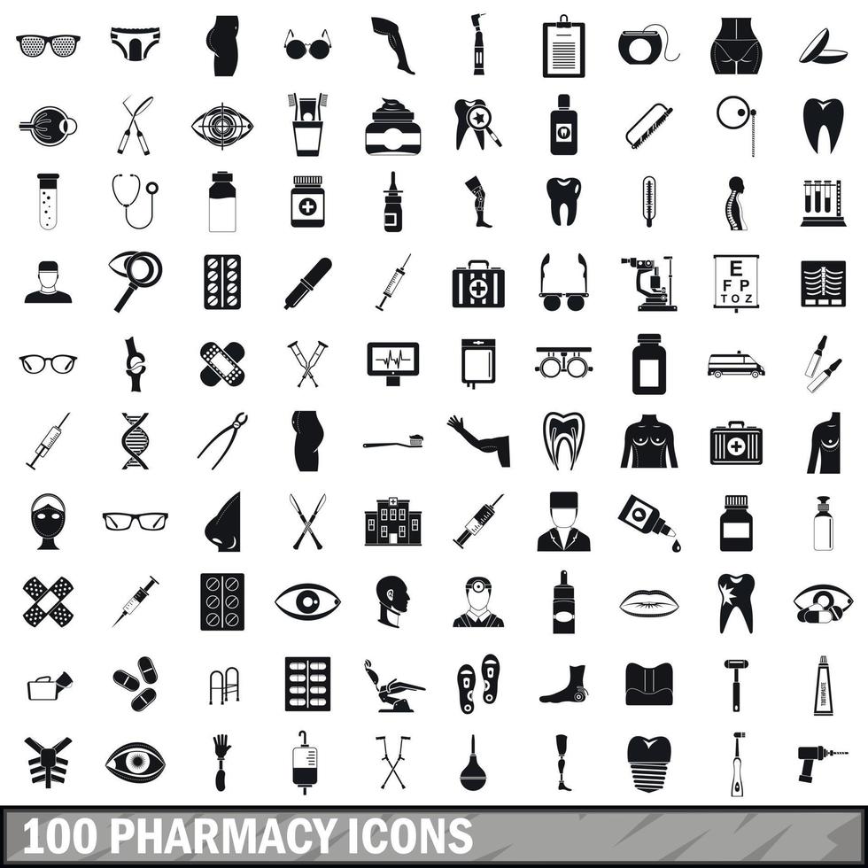 Ensemble de 100 icônes de pharmacie, style simple vecteur