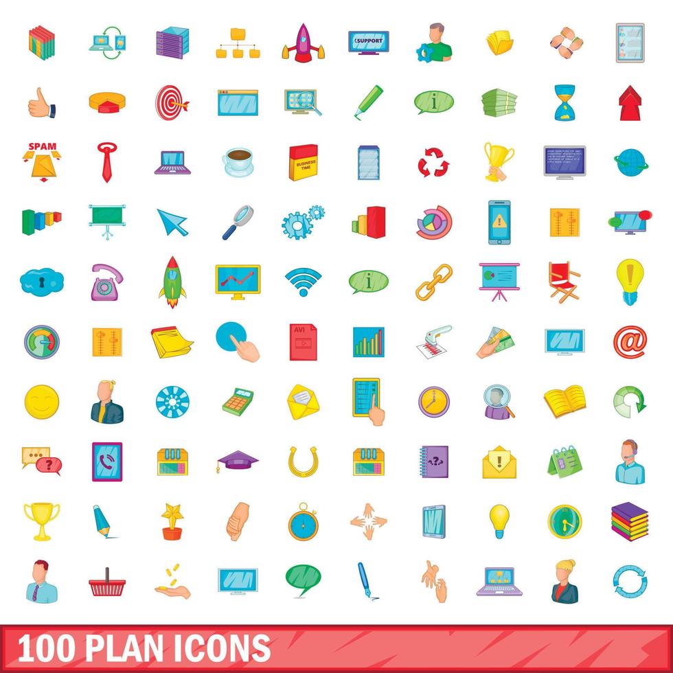 Ensemble de 100 icônes de plan, style dessin animé vecteur