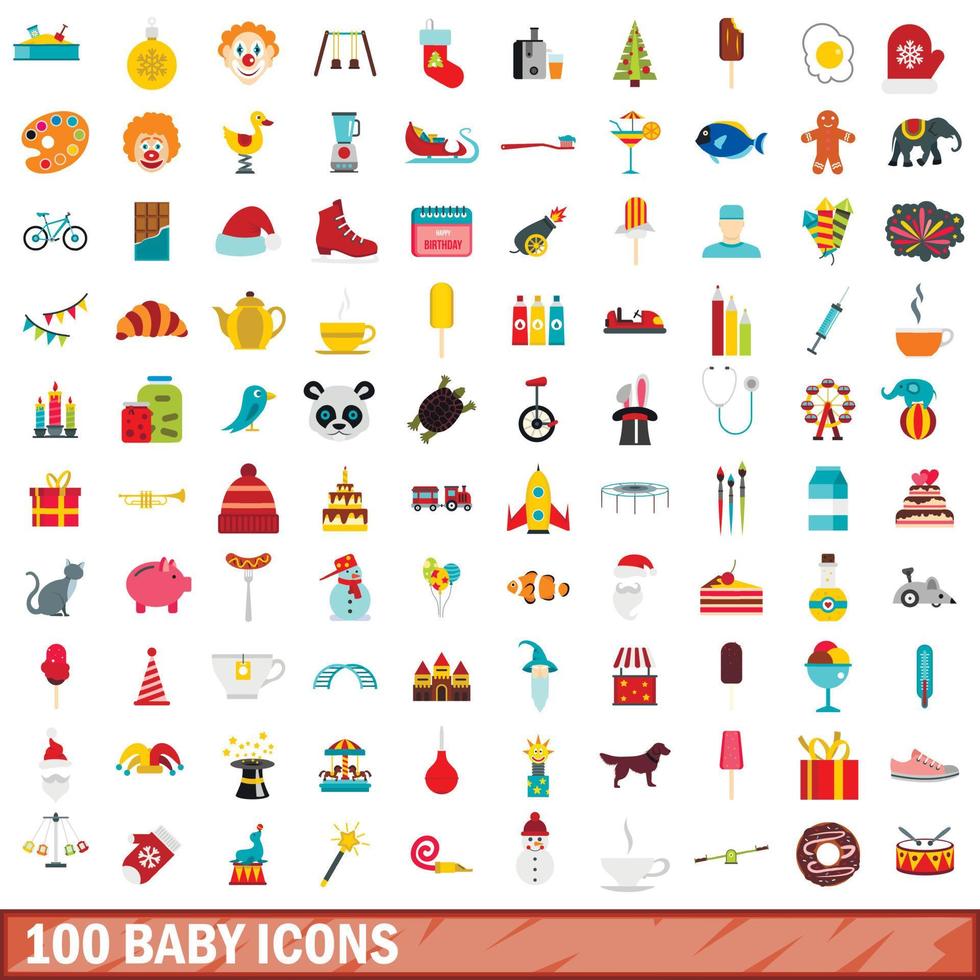 Ensemble de 100 icônes bébé, style plat vecteur