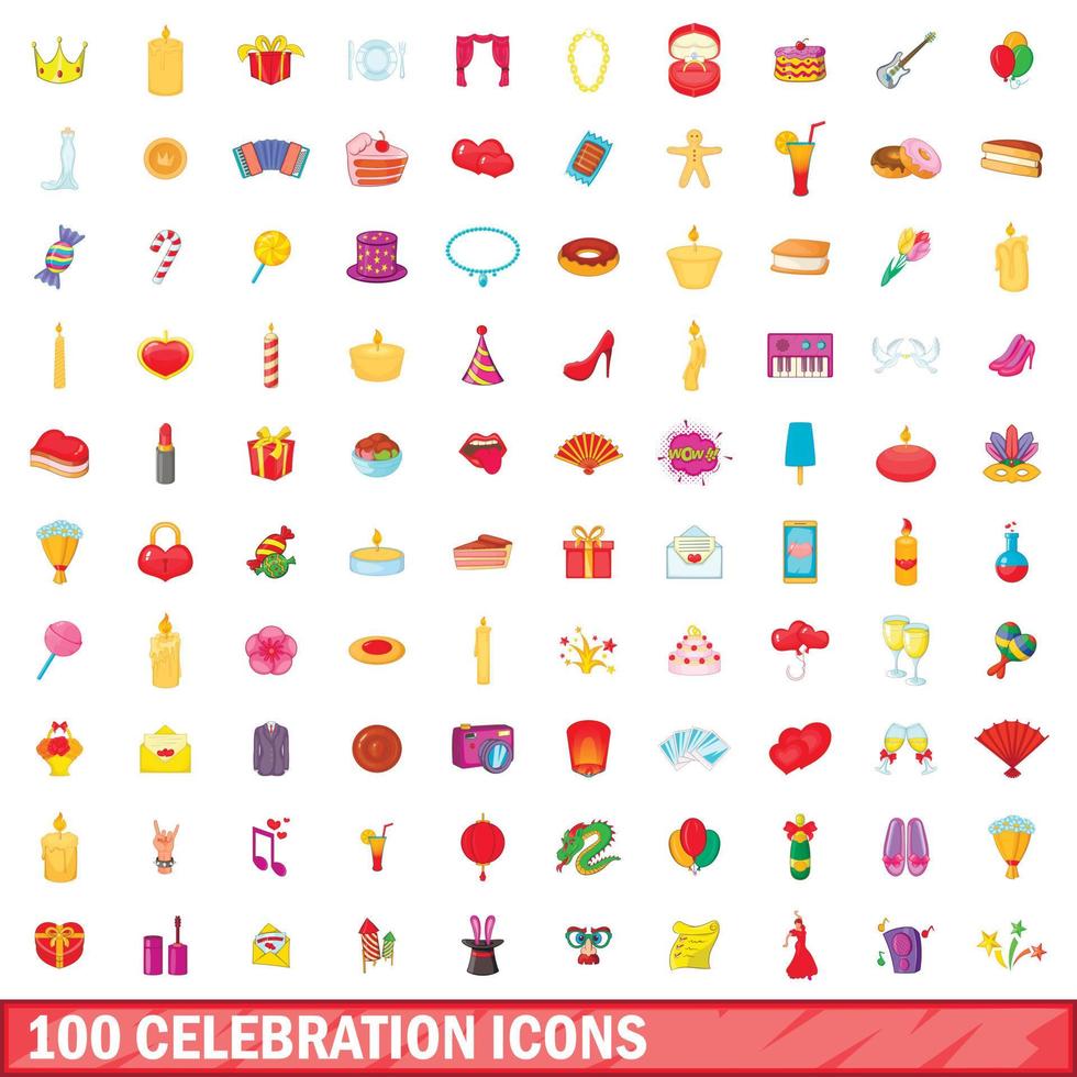 Ensemble de 100 icônes de célébration, style cartoon vecteur