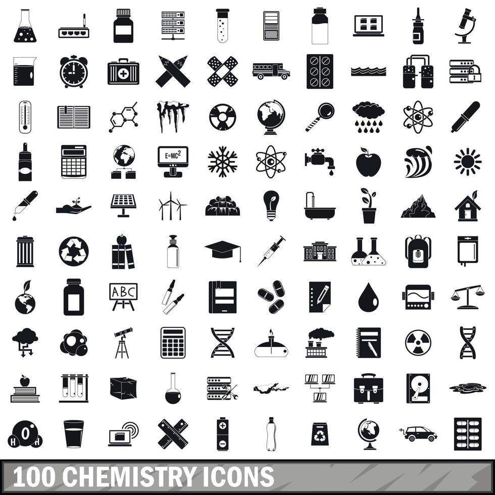 Ensemble de 100 icônes de chimie, style simple vecteur