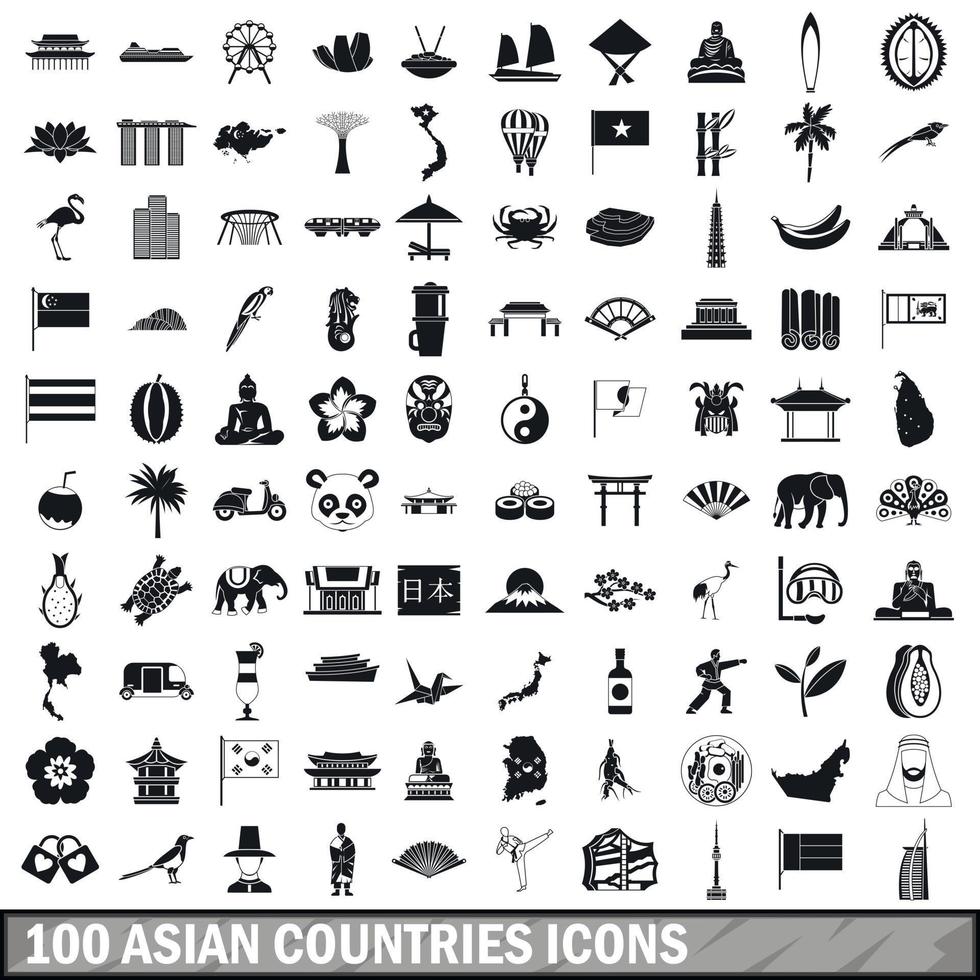 100 icônes asiatiques définies dans un style simple vecteur