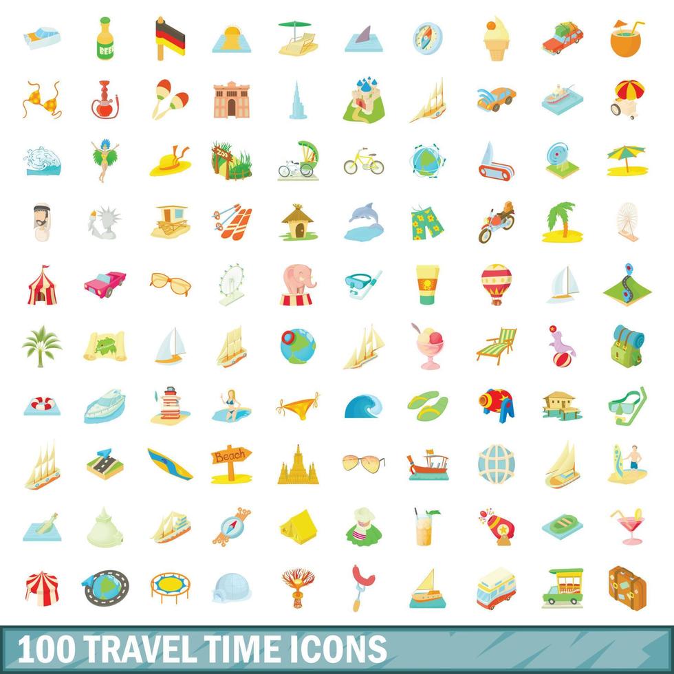 Ensemble de 100 icônes de temps de trajet, style dessin animé vecteur