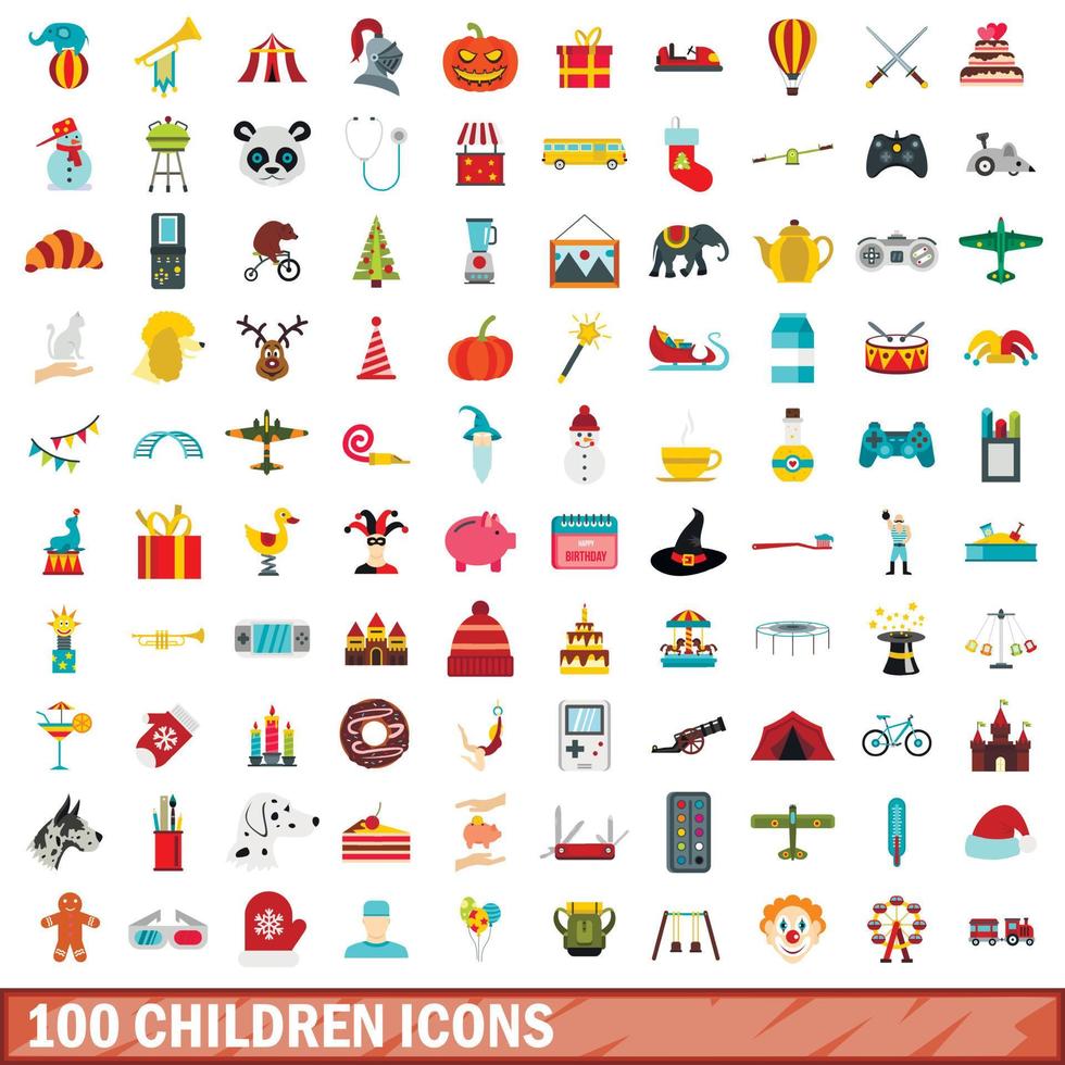 Ensemble de 100 icônes enfants, style plat vecteur