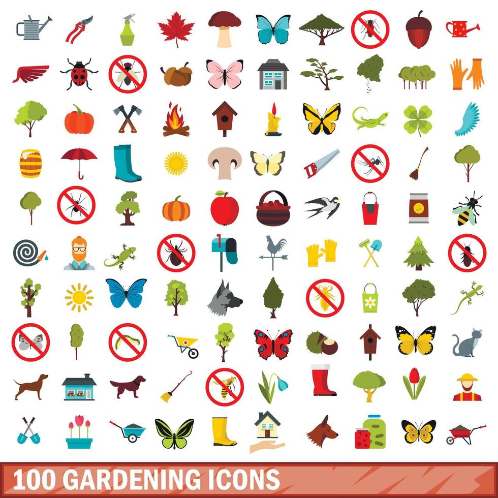Ensemble de 100 icônes de jardinage, style plat vecteur