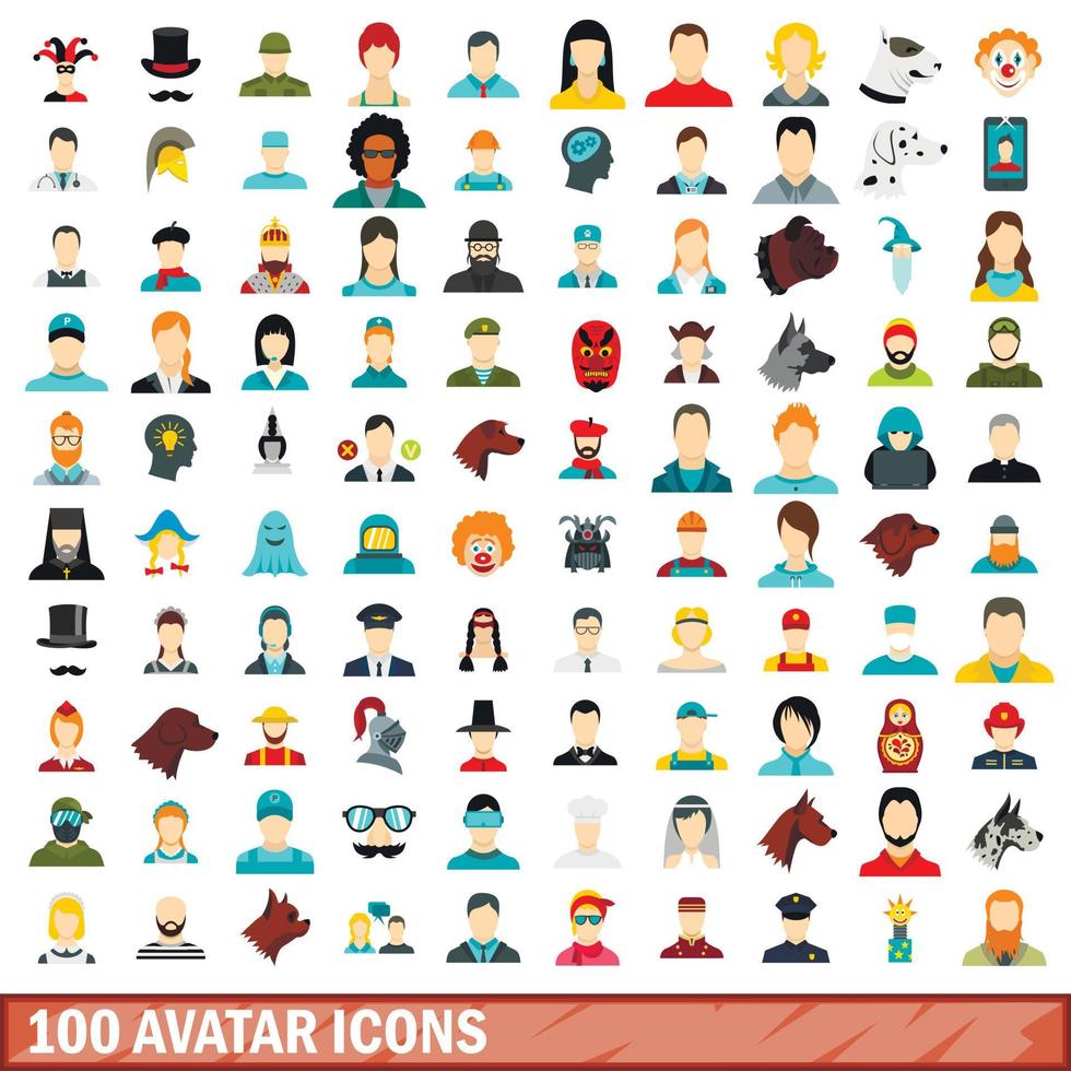 Ensemble de 100 icônes d'avatar, style plat vecteur