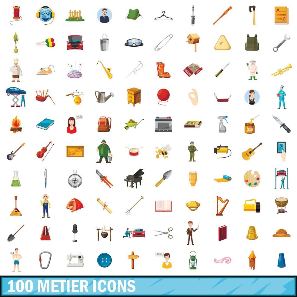 Ensemble d'icônes de 100 métiers, style dessin animé vecteur