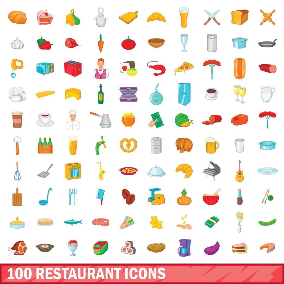 Ensemble de 100 icônes de restaurant, style dessin animé vecteur