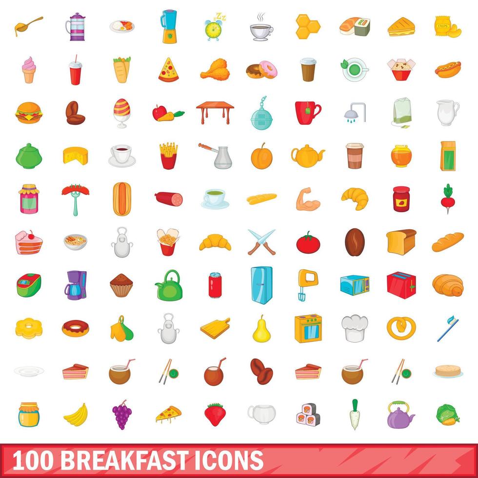 Ensemble de 100 icônes de petit-déjeuner, style cartoon vecteur