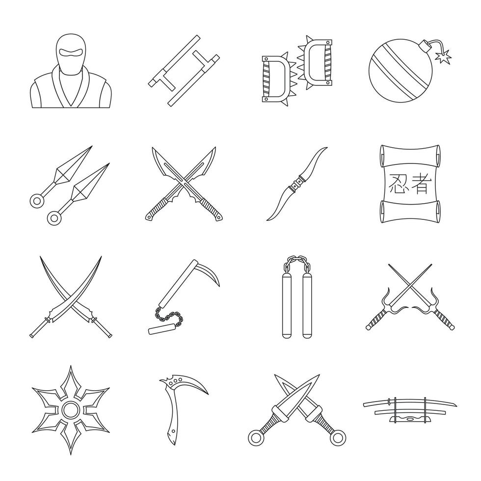 jeu d'icônes d'outils ninja, style de contour vecteur