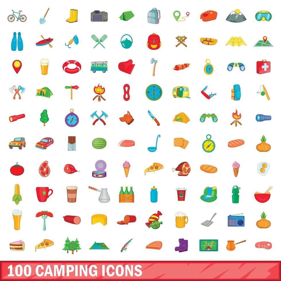Ensemble de 100 icônes de camping, style dessin animé vecteur