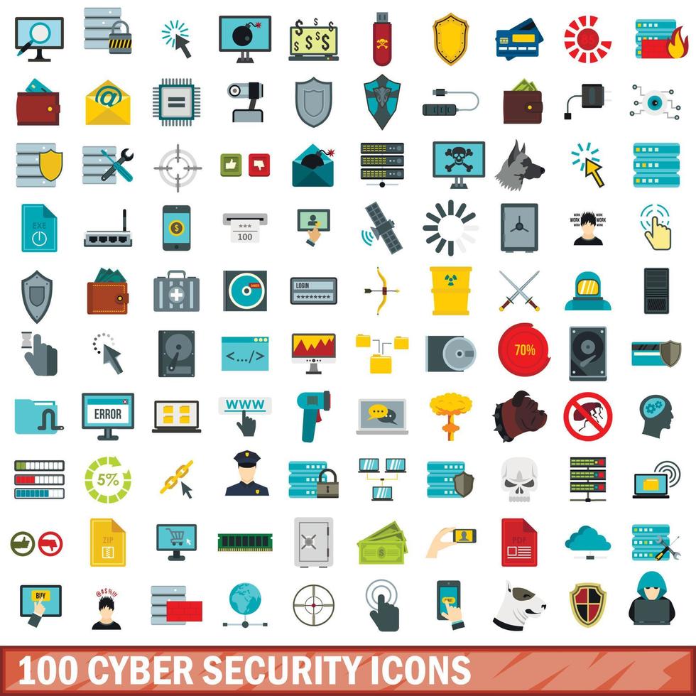 Ensemble de 100 icônes de cybersécurité, style plat vecteur