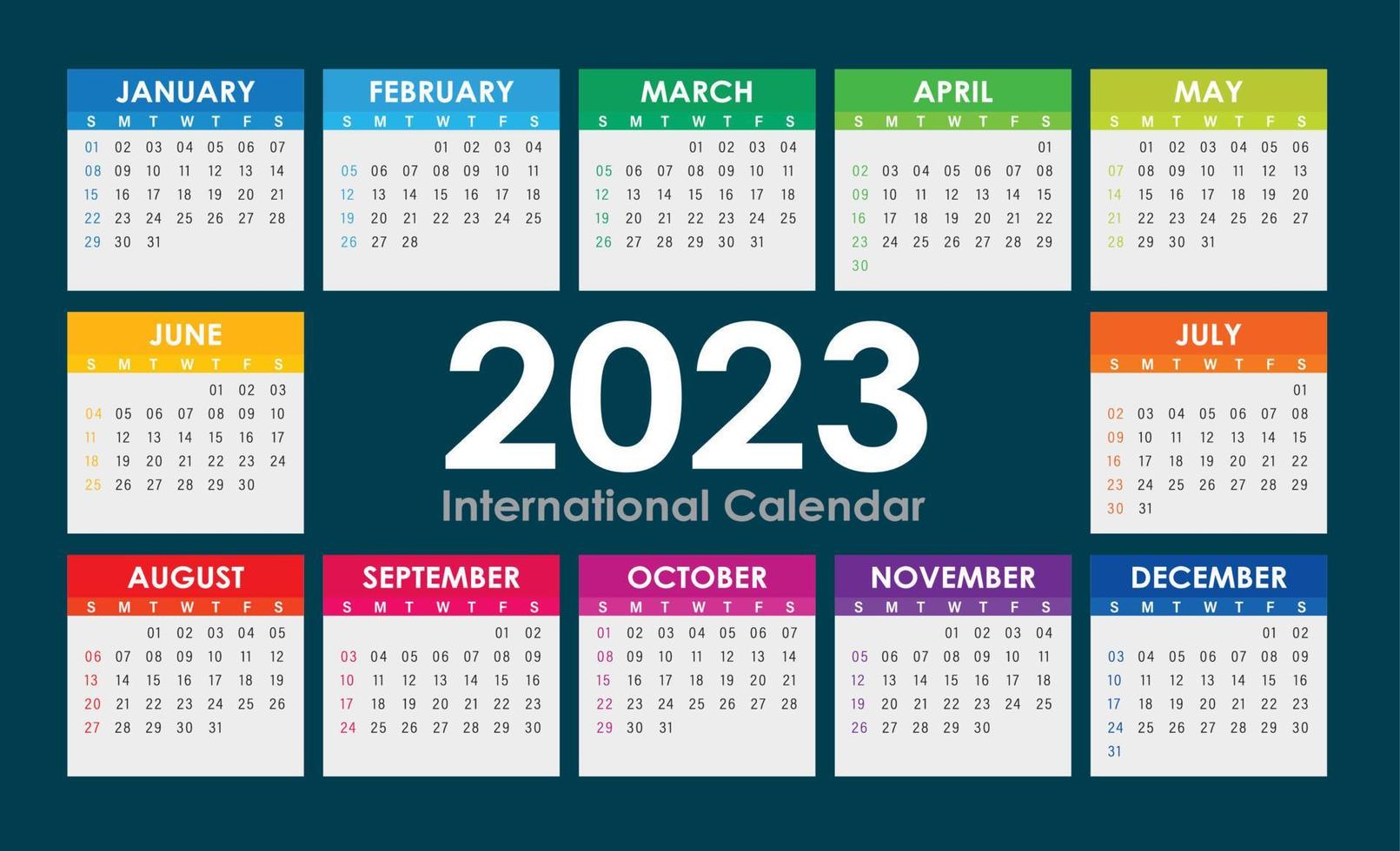 Vecteur de calendrier 2023, version internationale anglaise colorée