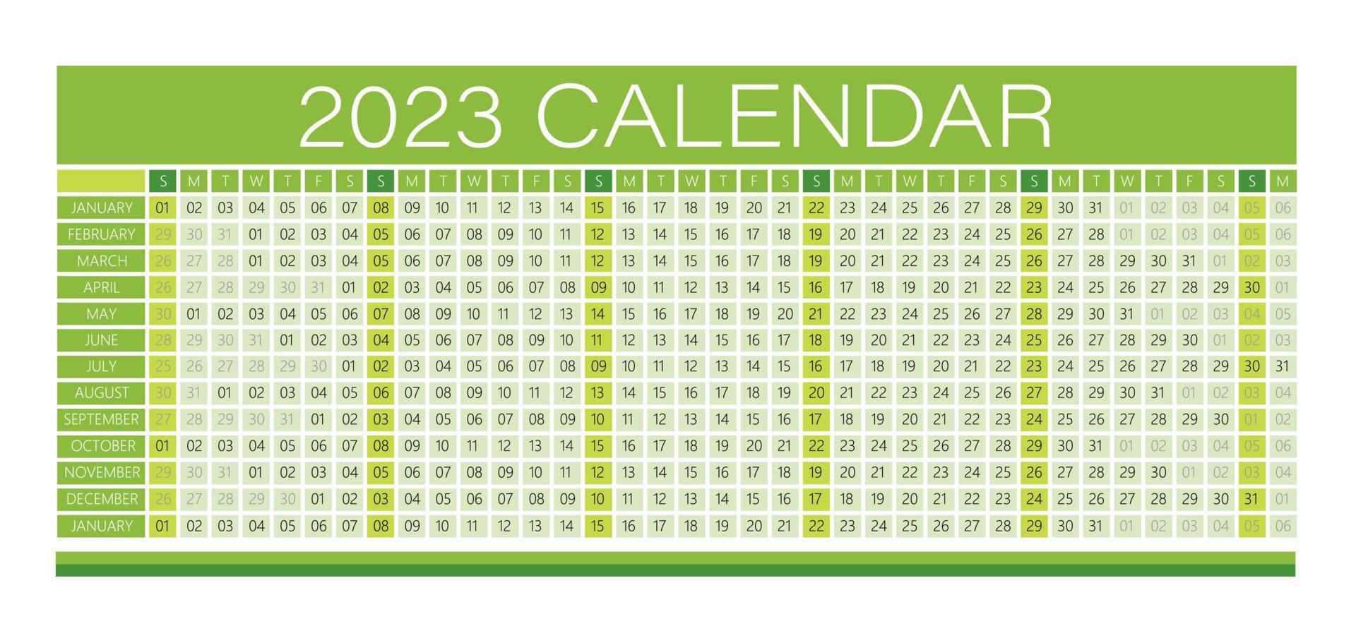 Calendrier mural de l'année 2023 couleur verte - entièrement modifiable - lumière vectorielle vecteur